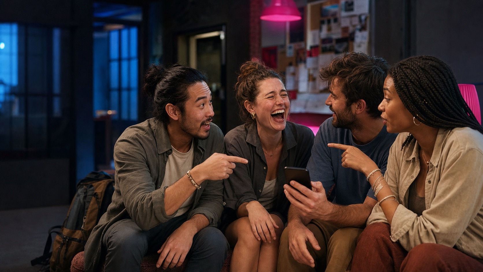 Illustrative scene of five friends laughing together around one phone